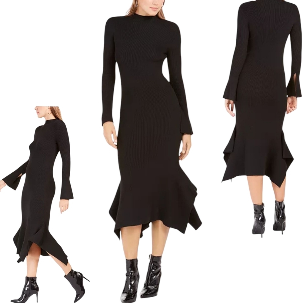 Lucy Paris Ribbed Knit Asymmetrical Hem Black Bodycon Sweater Dress Size XS